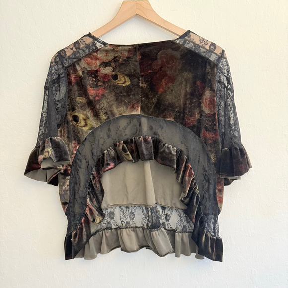 POL Women's Olive Burgundy Floral Velvet Lace Blouse Size Medium - Picture 2 of 7